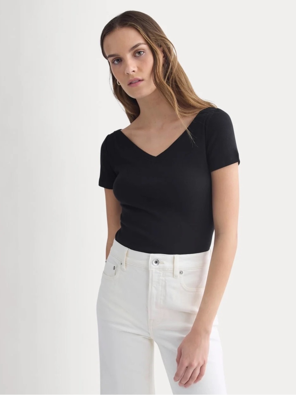 H&M Black Fitted V-Neck Short Sleeve Top Size M Minimalist Stretch Tee